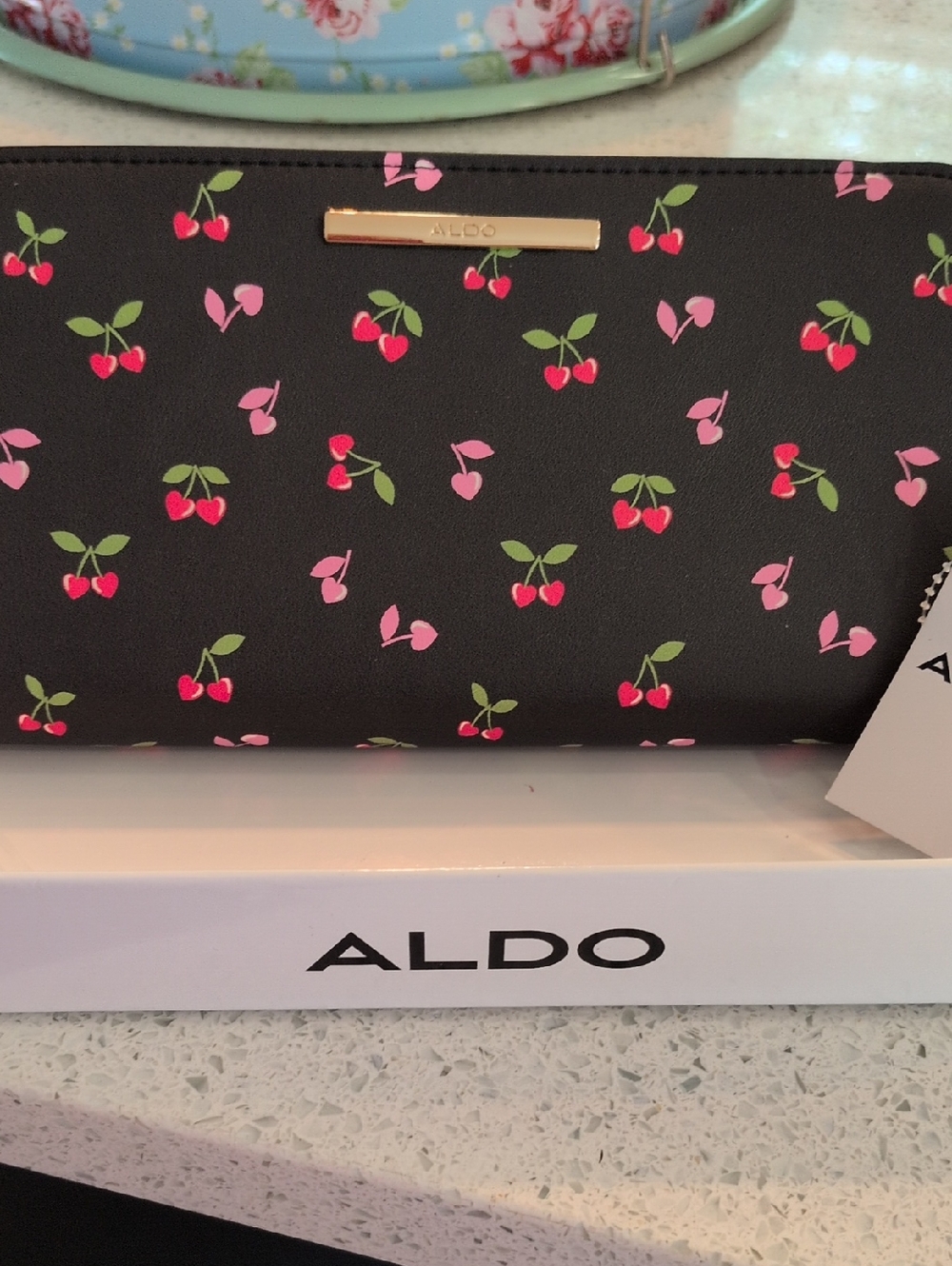 ALDO Black Wallet with Pink and Red Cherry Print BRAND NEW